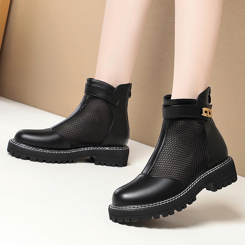 AIYUQI Female Summer Boots British-style Spring Genuine Leather Casual Women Mesh Boots Fashion Ladies Shoes
