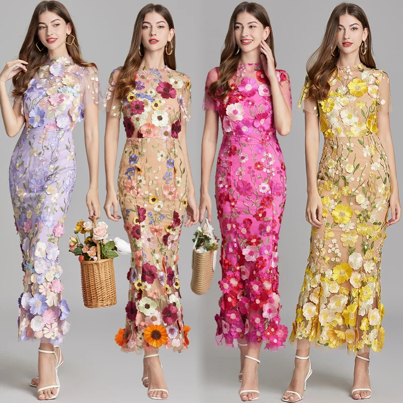 Basic Casual Dresses Summer Embroidery Lace Prom Dress Women French Luxury 3D Flower Fishtail Short Sleeve Long Dresses Party Bodycon Holiday Vestido