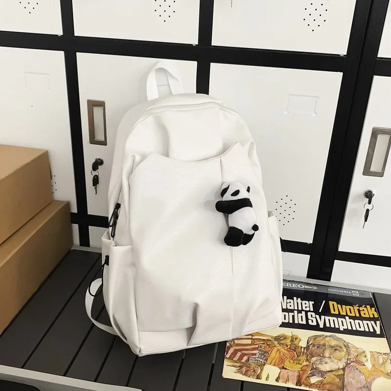 Black and white panda couple backpack large capacity PU leather waterproof school backpack teenage boys and girls middle school backpack 241206