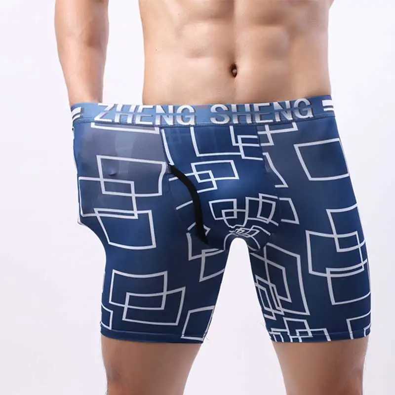 Fashionable printed ice skating fast drying mens long boxing shorts breathable elastic underwear mens long leg underwear Cueca mens X241207