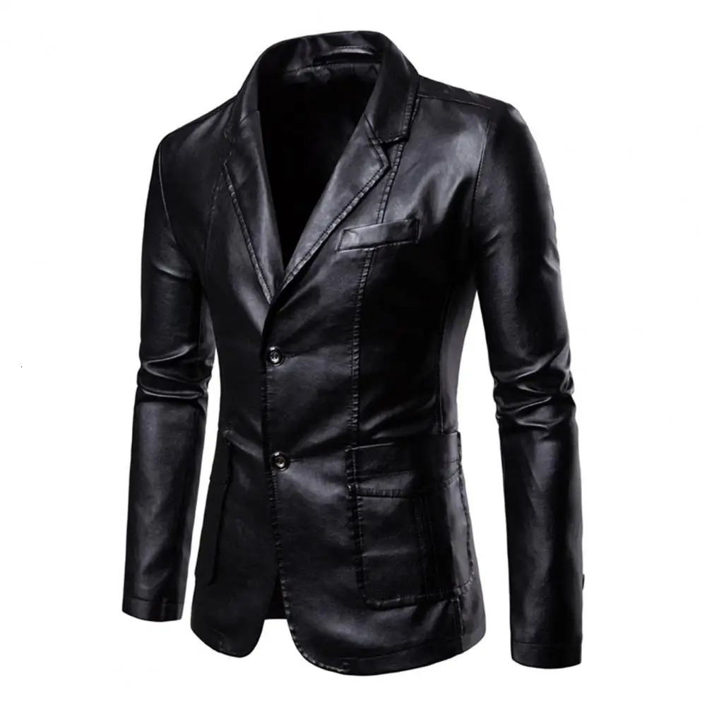 Faux Leather Men Blazer Jacket Formal Business Suit Coat Lapel Long Sleeve Pockets Singlebreasted Outerwear 241202