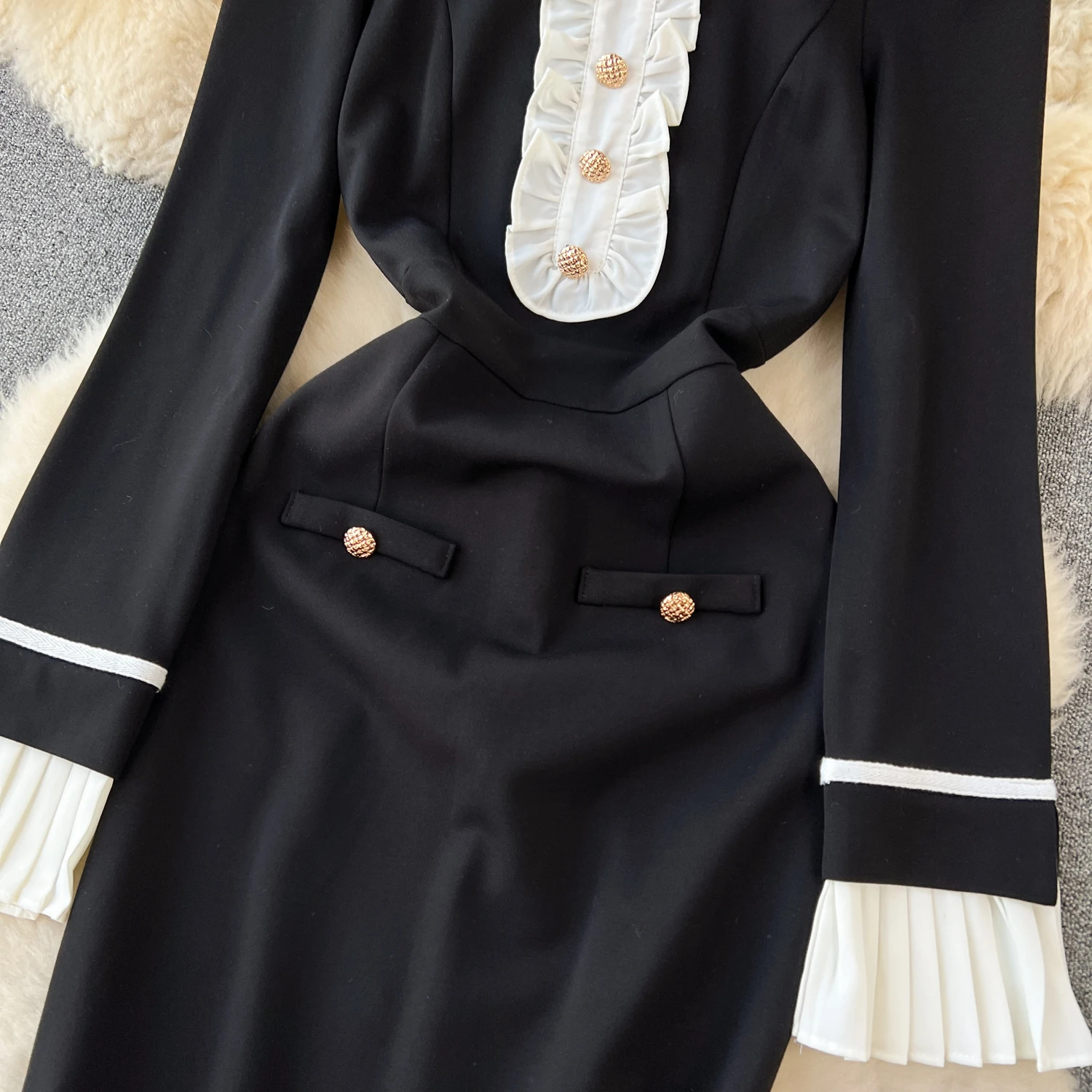 Casual Dresses French Hepburn Style Autumn Winter Dress Women's Black White Ruffles Long Sleeve Midi Vestidos Office Lady 2025