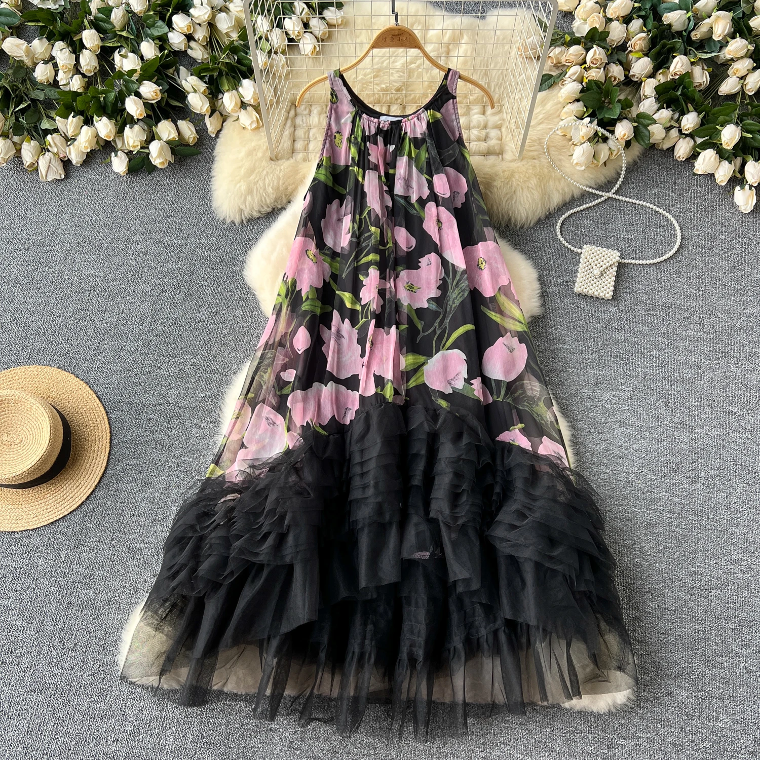 Basic Casual Dresses French Vintage Print Dress Women O-Neck Spaghetti Strap Mesh Splice Irregular Ruffles Beach Fashion Ball Gown Dresses