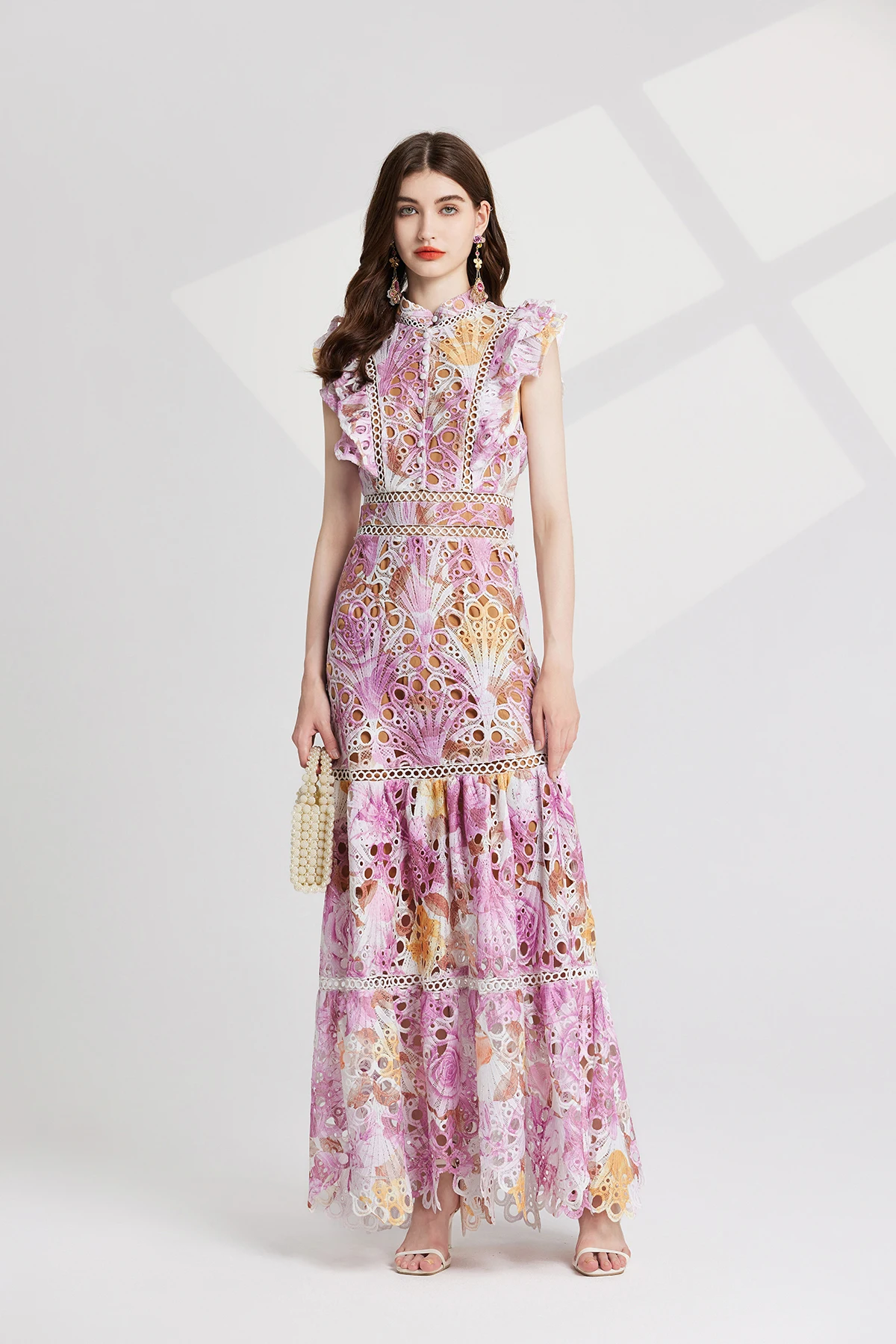 Basic Casual Dresses Summer Autumn Flower Embroidery Maxi Wedding Dress Women Flare Ruffles Sleeve Neck Colorful Long Robe Party Evening Vestidos