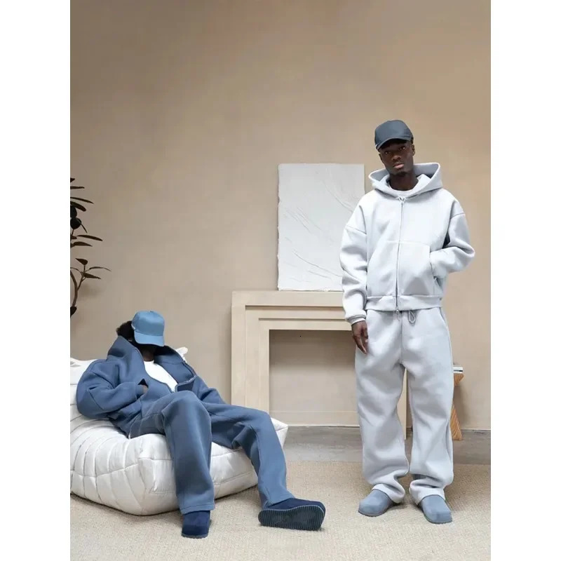 Men's Casual Track Suit Set - Y2K Retro 2-Piece Hooded Zipper Jacket & Straight Pants, Autumn Plush Sweatshirt, Streetwear Jogging Outfit
