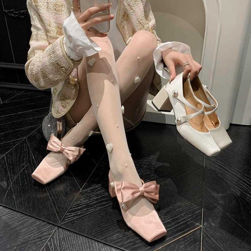 Detachable BowPink Mary Jane Shoes Womens Square Head Sweet Lolita Pearl Coarse Single Shoes