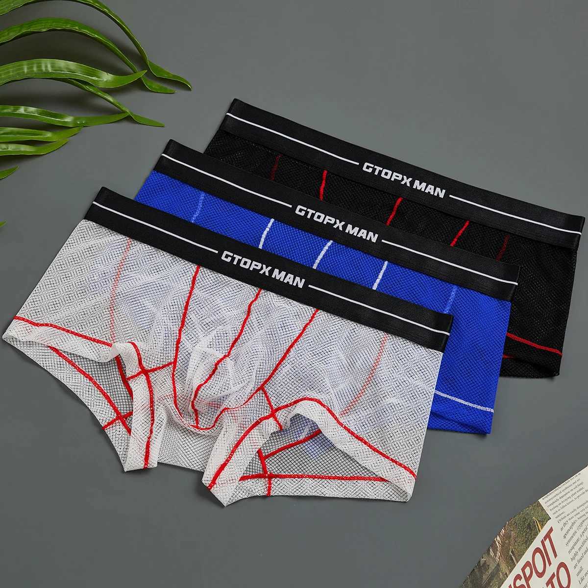Sexy Ice Silk Mens Underwear Seamless Ultra Thin Full Mesh Boxing Shorts Mens Breathable Quick Drying Hollow Underwear X241207