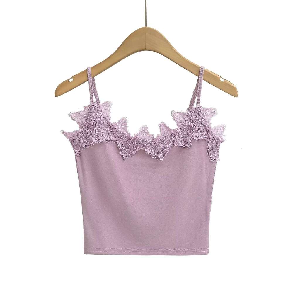 Spicy Girl Retro Lace Edge Bottom Small Women's Summer Elastic Slimming Short Strap Tank Top Trendy 2024 New Style Stylish and Elegant Clothing