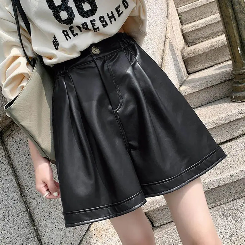 Autumn fashion button solid color high waist wide leg pants womens clothing simple pleated pocket shorts womens pants 241206