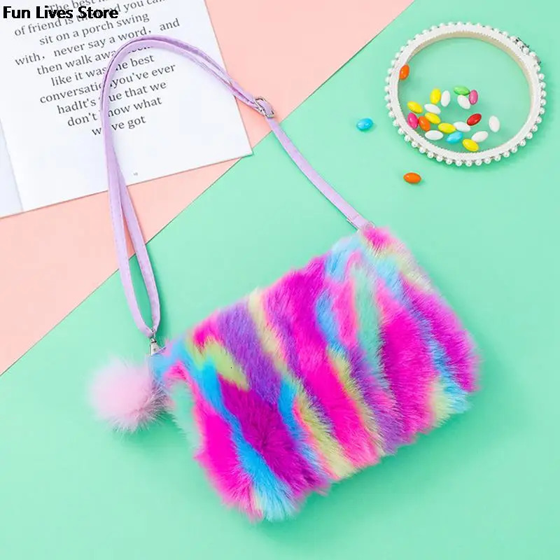 Rainbow Plush Shoulder Bag Colorful Fur Handbag Womens Fashion Cross body Girls Can Be Mischievous with 241206