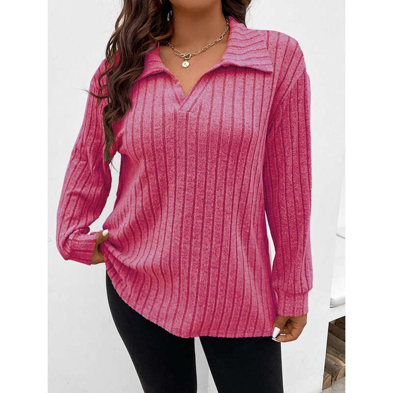 autumn and winter solid color plus size women's top V-neck long sleeved pit stripe brushed T-shirt loose 2024 temperament versatile new trendy cl