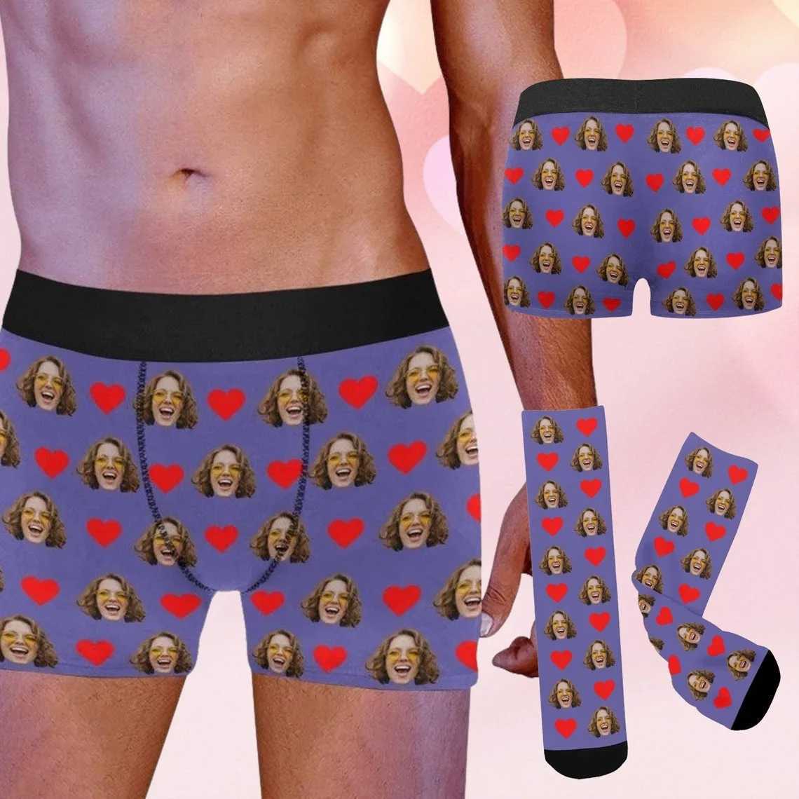 Customized mens facial boxing underwear and socks personalized facial underwear gifts Valentines Day gifts heart-shaped socks X241207