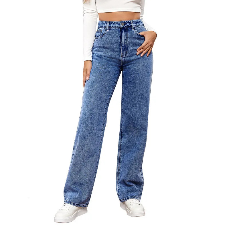Europe and America Fashion Washed Highwaisted Jeans Spring Summer Straight Pants Casual Wideleg 241203