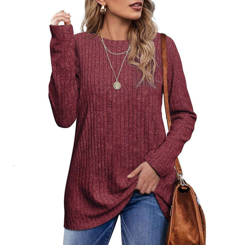 European American autumn and winter round neck brushed pit stripe solid color top long sleeved T-shirt for women 2024 temperament versatile new trendy