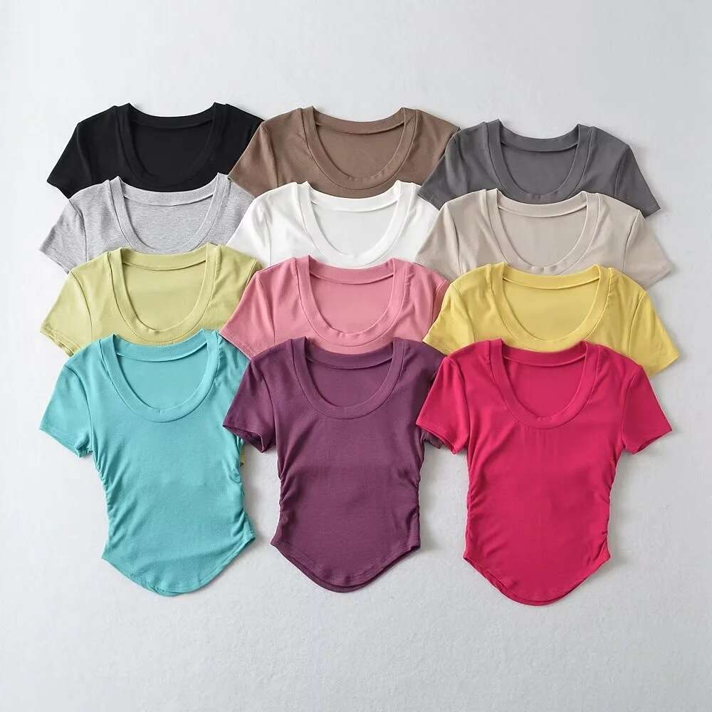 Wide round neck slim fit curved edge T-shirt for women in summer 2024, 12 color elastic tight fit, slimming high waist short sleeved top, 2024 new sty