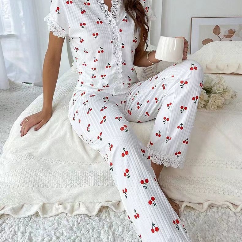 Hot selling designer home clothes cherry print sleeved lapel pajamas women, suitable for wearing long pants, two-piece set