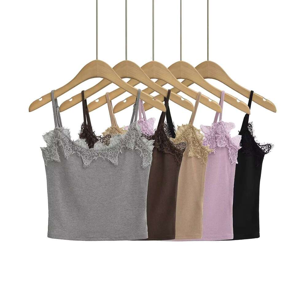 Spicy Girl Retro Lace Edge Bottom Small Women's Summer Elastic Slimming Short Strap Tank Top Trendy 2024 New Style Stylish and Elegant Clothing