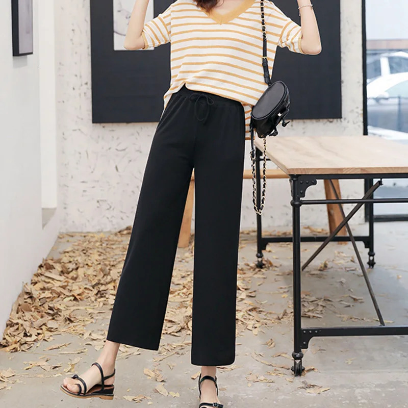 Women AnkleLength Wide Leg Pants Casual Summer Solid Elastic Waist Loose Ice Silk Spring Female Trousers 241203