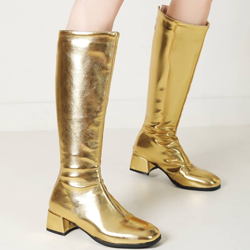 Women's Knee High Boots Winter 2024 Gold Sier Low Heeled Long Boot Ladies Party Footwear Shoes Large Size 45 Waterproof