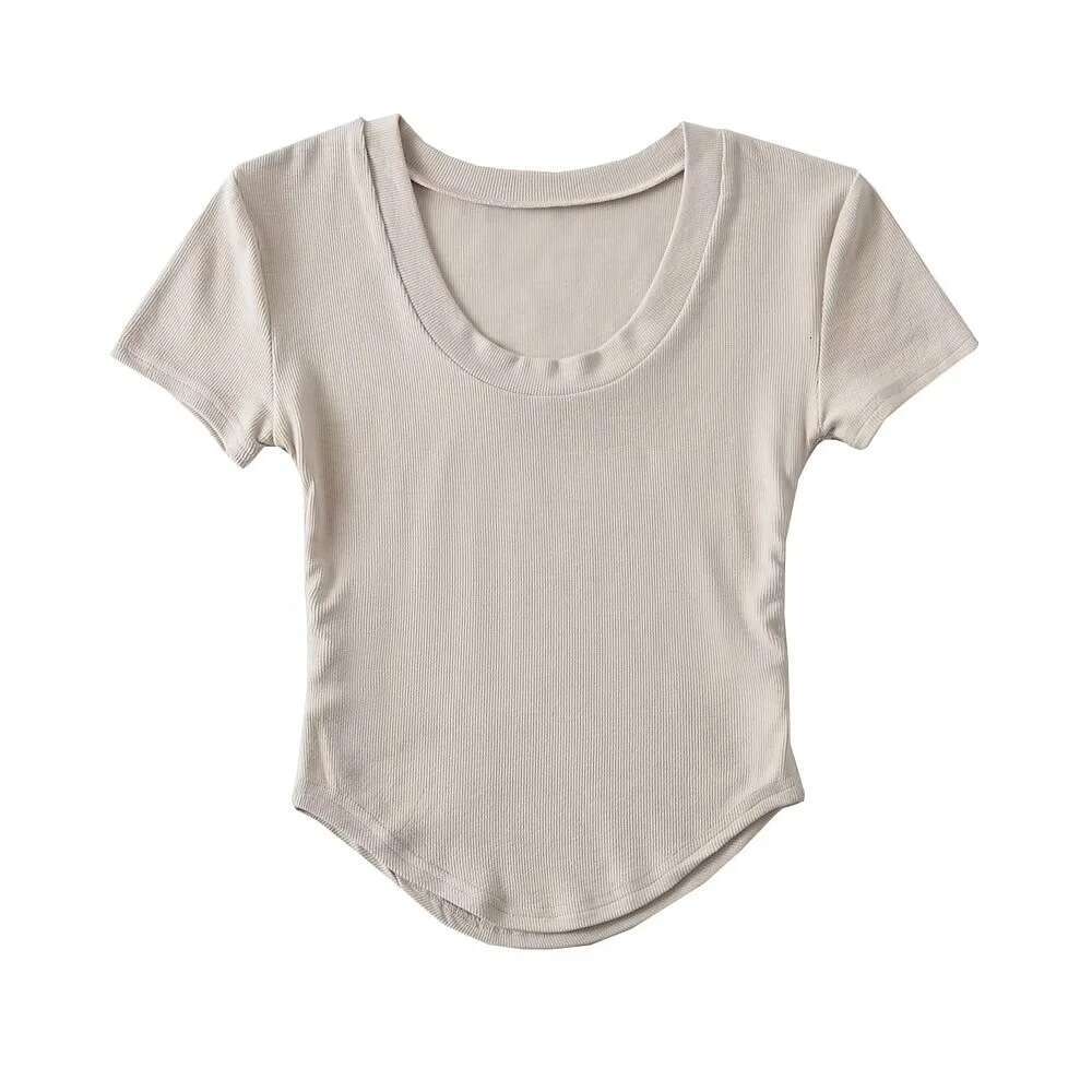 Wide round neck slim fit curved edge T-shirt for women in summer 2024, 12 color elastic tight fit, slimming high waist short sleeved top, 2024 new sty