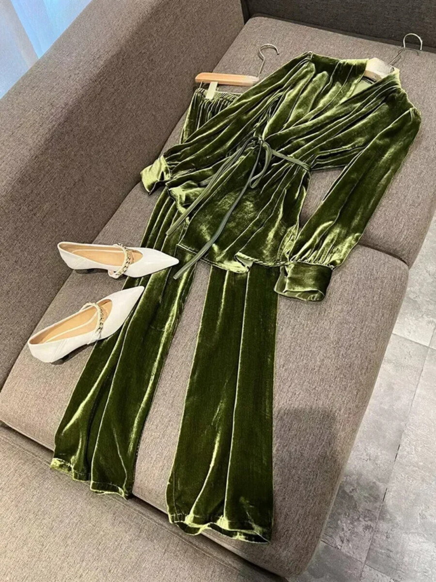 Elegant V Neck Lace Up Hong Kong Style Tops Veet Advanced Office Small Fragrance Wid Leg Pants Exquisite Suits Trousers