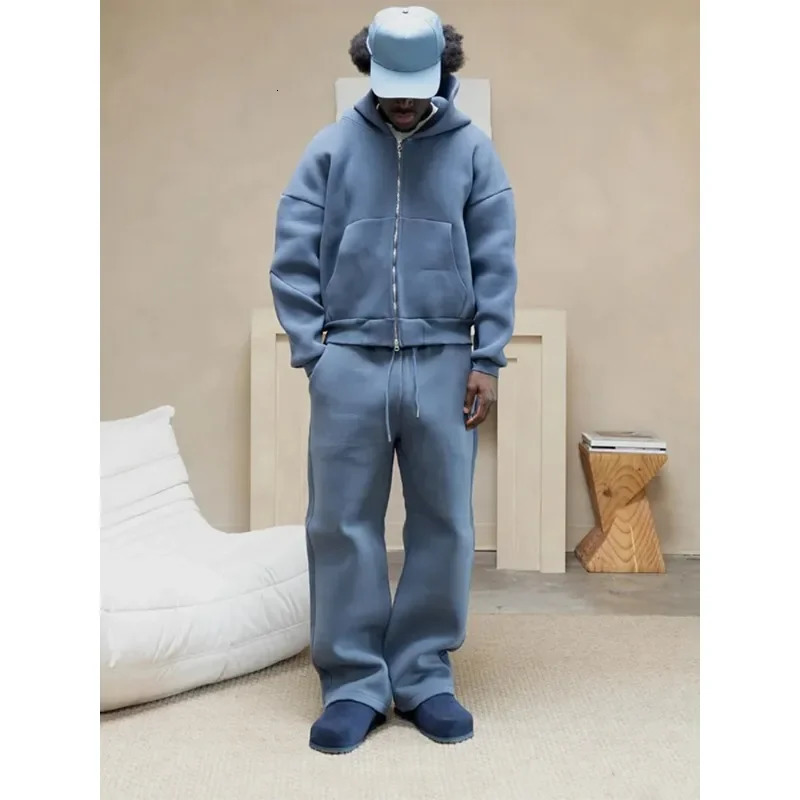 Men's Casual Track Suit Set - Y2K Retro 2-Piece Hooded Zipper Jacket & Straight Pants, Autumn Plush Sweatshirt, Streetwear Jogging Outfit