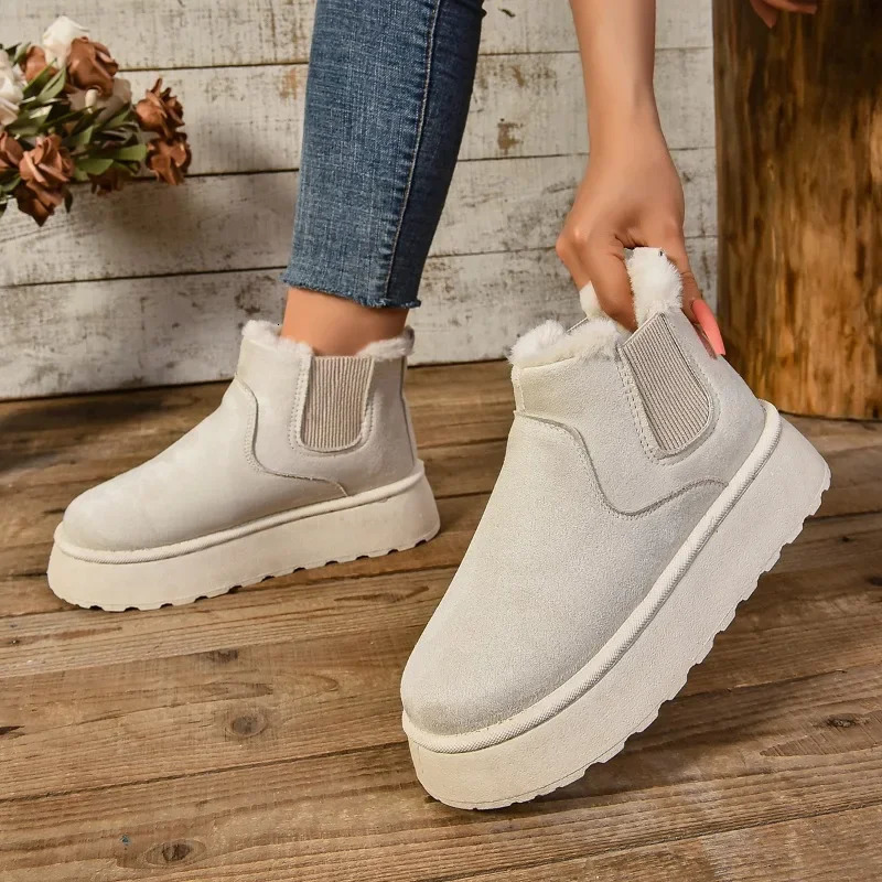Plus Size 44 Womens Snow Boots Winter Plush Warm Casual Shoes Suede Fur Flat Platform Chelsea Ankle 2025 241206