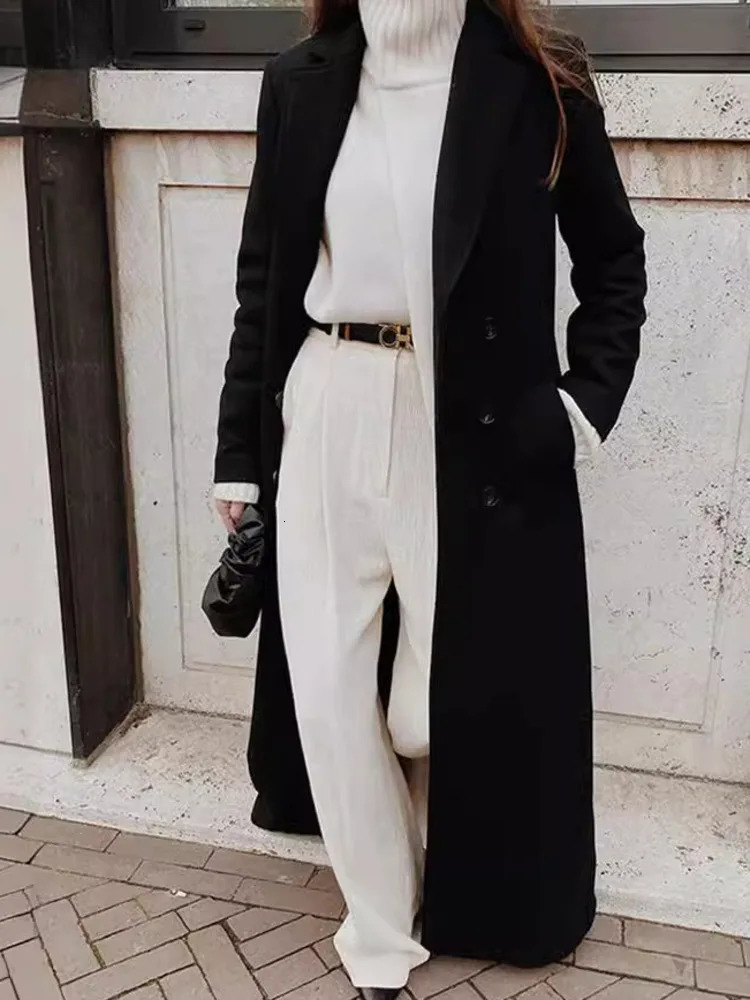 DFDG 2024 Women Retro Style Straight Tube Super Long Temperament Over The Knee Wool Trench Coat Black Suit Jacket Woman 241202