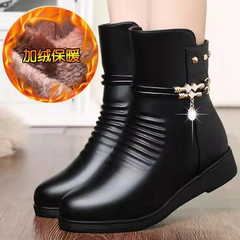 Leather Womens Boots 2024 Winter Thick Wool Lining Genuine Snow Large Size Shoes 241206