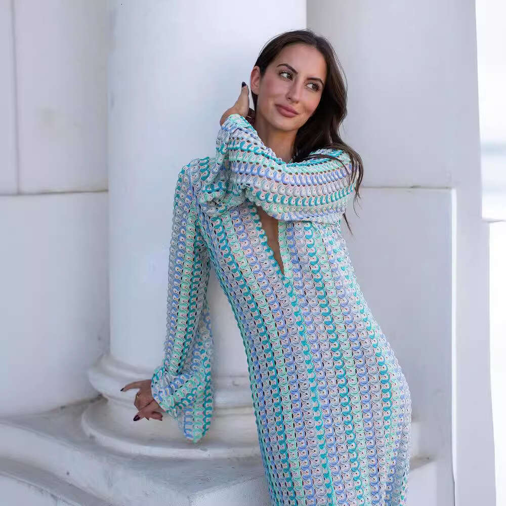 European and American popular contrasting lace hollow out low cut front slit jumpsuit long skirt 2024 new casual versatile fashion clothing