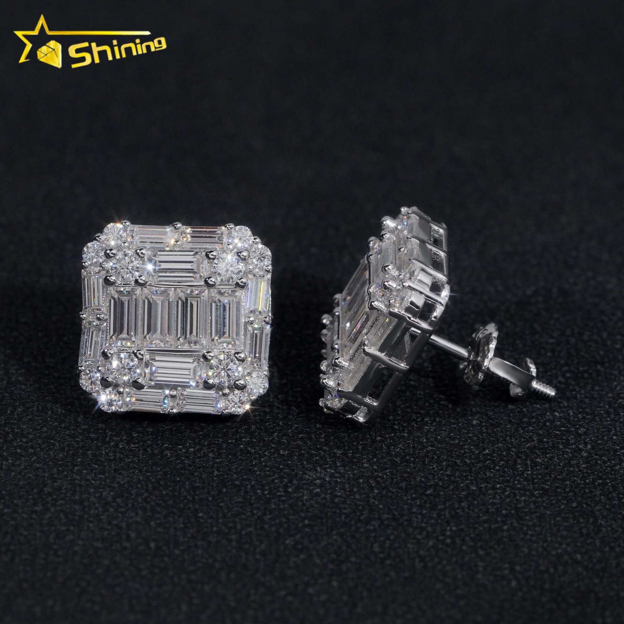 Wholesale Price Hip Hop Style Baguette Moissanite Square Shape 925 Silver Mens VVS Diamond Earrings