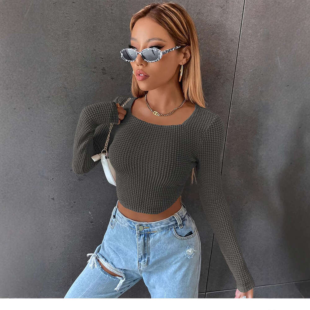 Spring/Summer European and American Women's Tight Sexy Zipper Knitted Shirt Short Wide Collar Long Sleeve T-shirt 2024 Versatile New Trendy Cloth