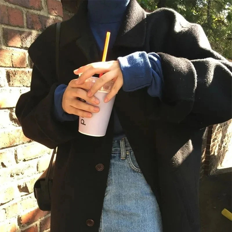 Korean Midlength Woolen Coats Fashion Singlebreasted Outerwear Women Abrigos Spring Autumn Wool Blend Jackets 241202