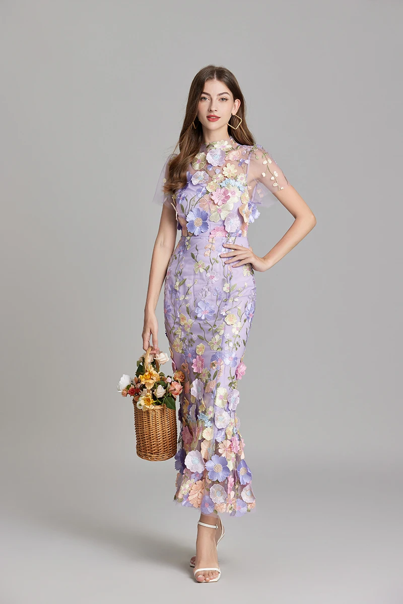 Basic Casual Dresses Summer Embroidery Lace Prom Dress Women French Luxury 3D Flower Fishtail Short Sleeve Long Dresses Party Bodycon Holiday Vestido