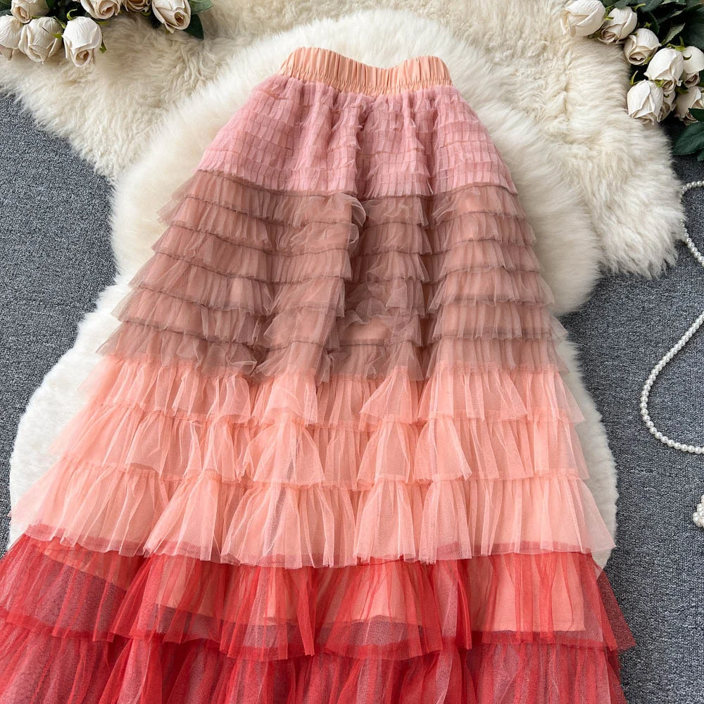 Colorful Rainbow Stripe Mesh Tulle Skirts Women 2023 Summer Autumn Long Maxi Skirt Fashion Elegant Elastic Waist 2025
