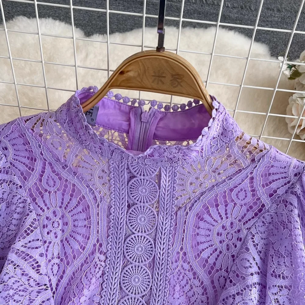 Casual Dresses Elegant Summer Lace Dress Women Crochet Flower Hollow Out French Purple Short Sleeve Party Midi Prom Evening Dresses