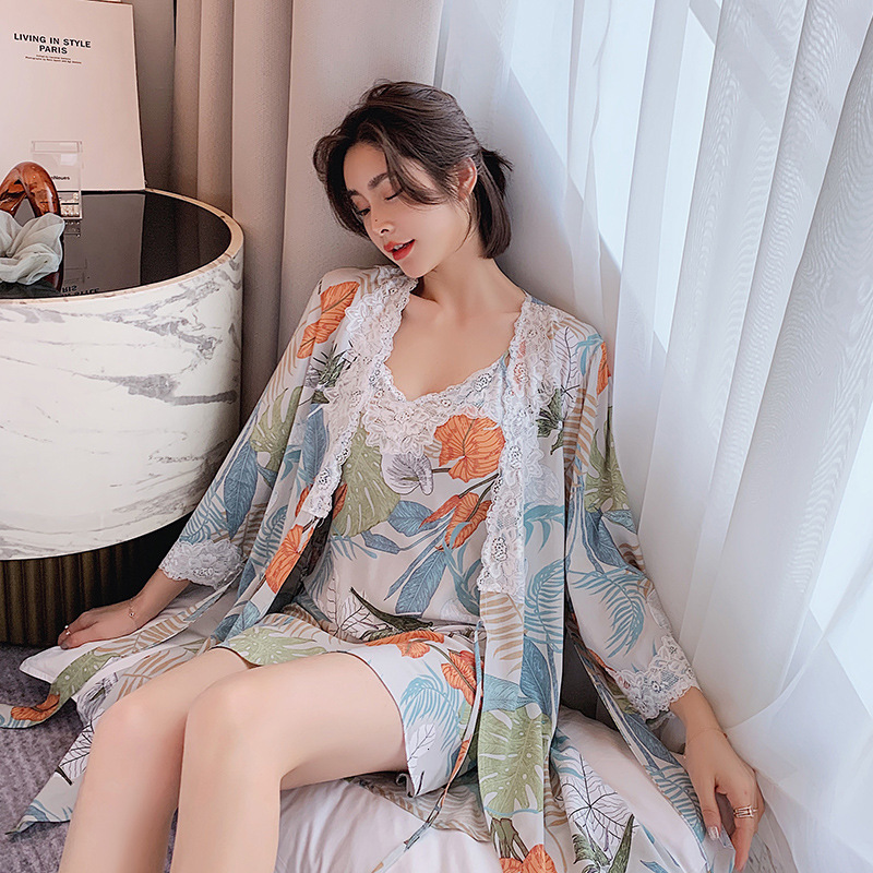 fashion 2025 Designer s new women s spring and summer cotton silk sexy plant print large hanging pajamas Hawaiian style bathrobe