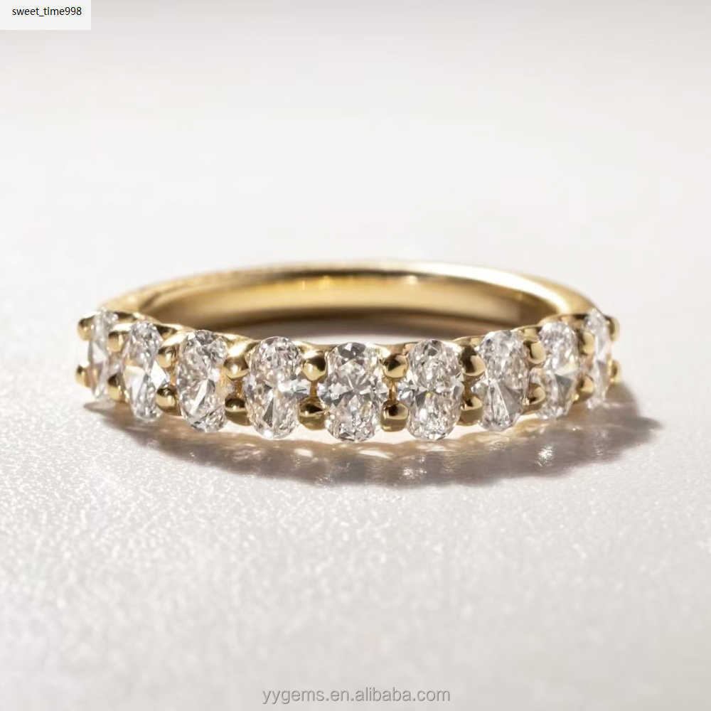 A Comfortable Half Eternity Ring 14K Solid Gold 3x5MM Oval Moissanite Loop Profile Wedding Ring Band Fine Jewelry Women Rings