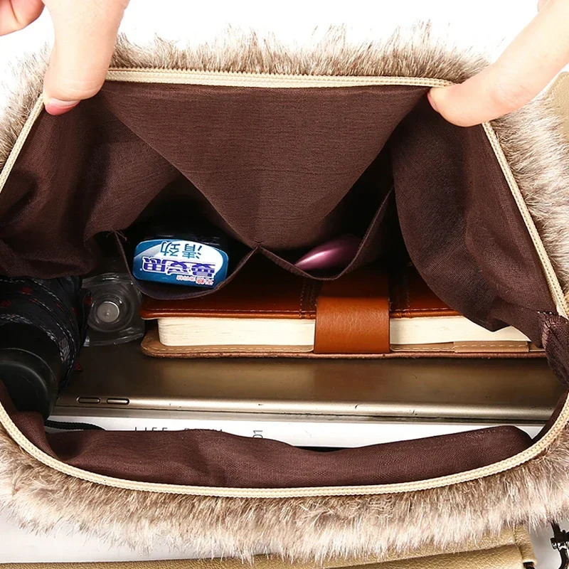 faux fur handbag shopping handbag winter womens bag plush wallet fashion rivet shoulder bag cold wool 241206