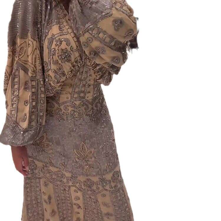 European, American, Middle Eastern Digital Printed V-neck Bubble Sleeve Women's Long sleeved Dress 2024 New Casual Versatile Fashion Clothing