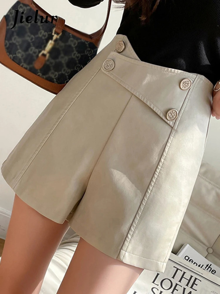 Jielur Pu Leather Almond Black Korean Fashion Wide Leg Leather Shorts for Women Autumn/Winter Casual High Waist Shorts for Women 241206