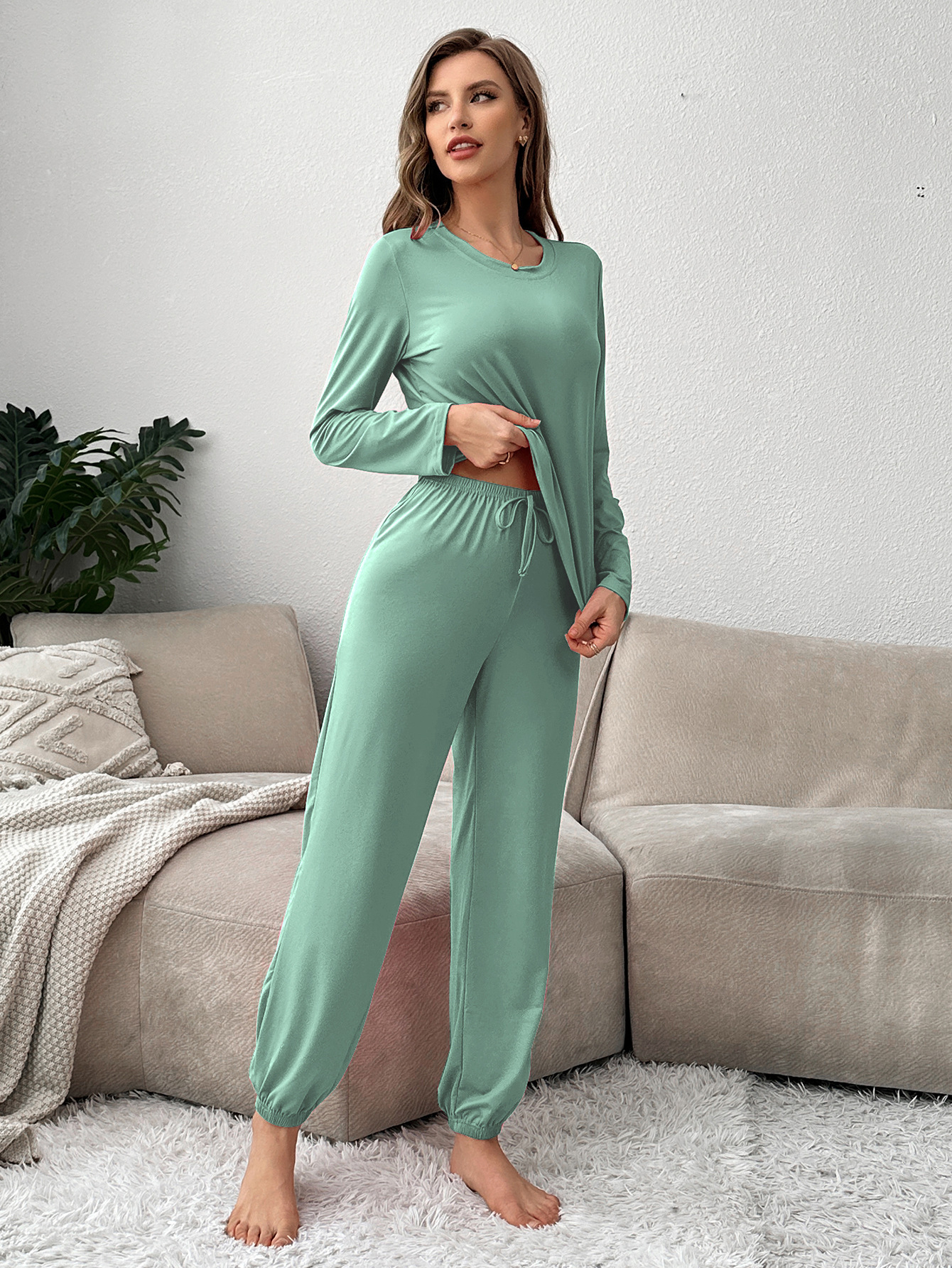 2024 Autumn/winter Home Clothing Soft And Comfortable Women's Pajama Set Long Sleeve Solid Color Long Sleeve Pants Set