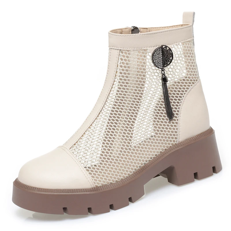 AIYUQI Women Summer Boots Genuine Leather British Fashion Summer Women Boots Mesh Tassel Women Cool Boots