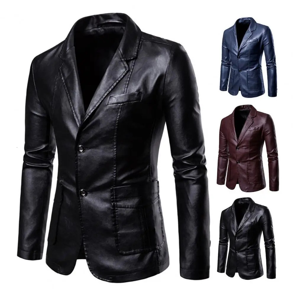 Faux Leather Men Blazer Jacket Formal Business Suit Coat Lapel Long Sleeve Pockets Singlebreasted Outerwear 241202