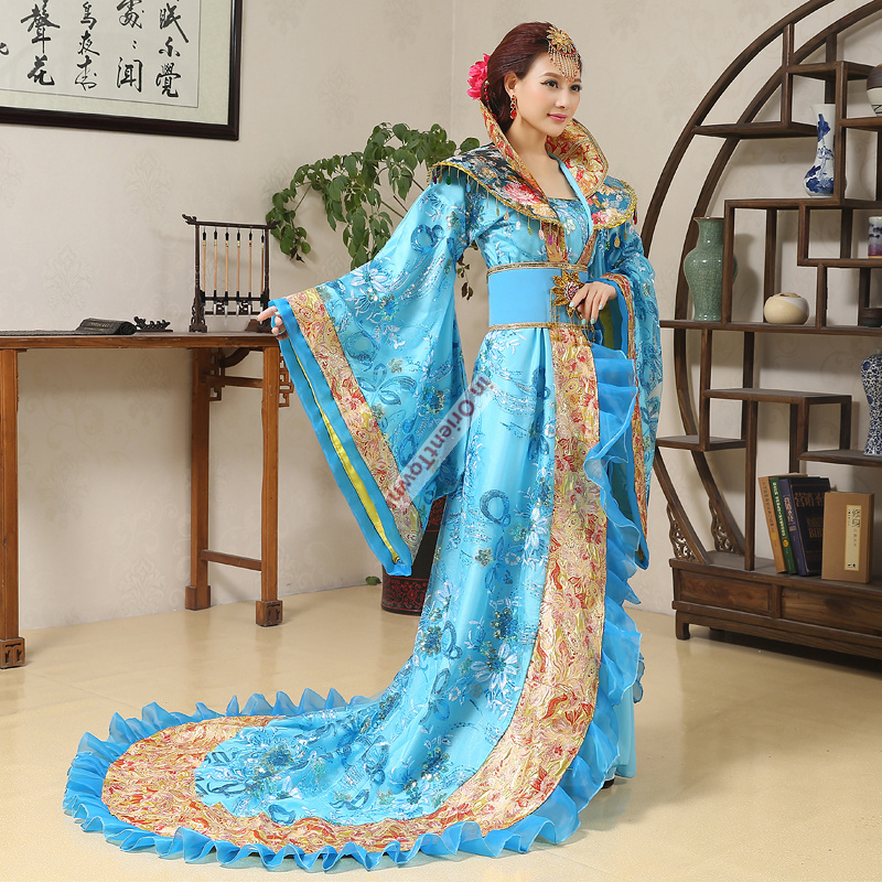 Oriental Traditional Hanfu Apparel Ancient China Long Tail Costume Noble Consort Trails Tang Dynasty Empress Performance Dress
