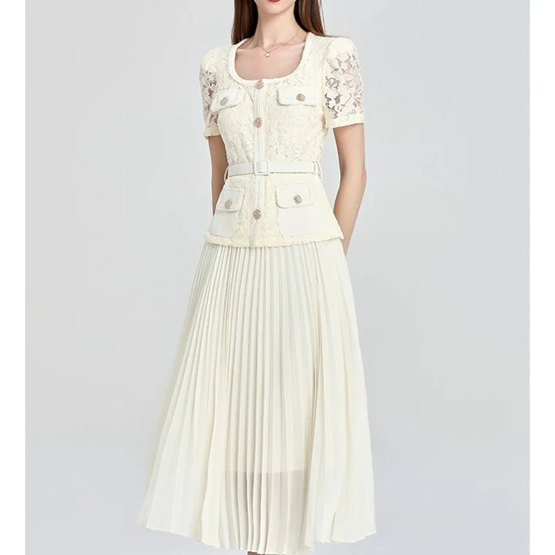 Casual Dresses Runway Designer Summer Wer Embroidery Lace Chiffon Prom Dress Women Short Sleeve Single Breasted Midi Long Vestidos Party 2025