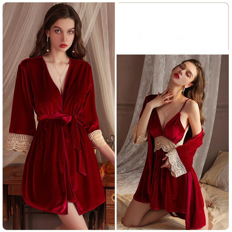 Rosy autumn and winter velvet sexy deep V with chest cushion embroidered lace pure desire backless nightgown outerwear home wear 4054