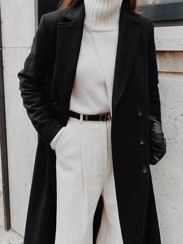 DFDG 2024 Women Retro Style Straight Tube Super Long Temperament Over The Knee Wool Trench Coat Black Suit Jacket Woman 241202