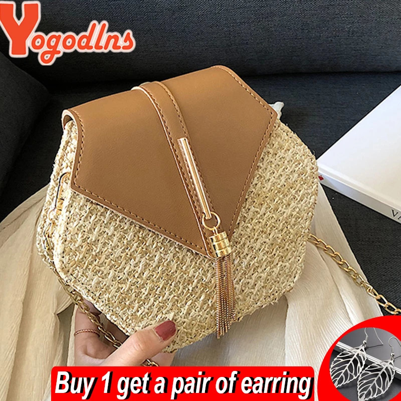 Yogodlns Hexagon Straw Shoulder Bag Women Summer Rattan Handmade Woven Beach Bohemia bolsa feminina chain Crossbody bag 241203