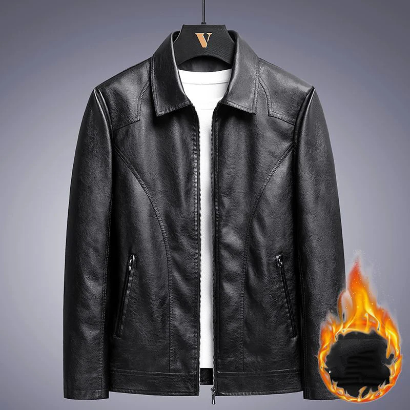 M8XL Mens Leather Jackets Autumn Winter Suit Collar Loose Middleaged Tops Fat Motorcycle Casual Plus Velvet Solid Color Coats 241202